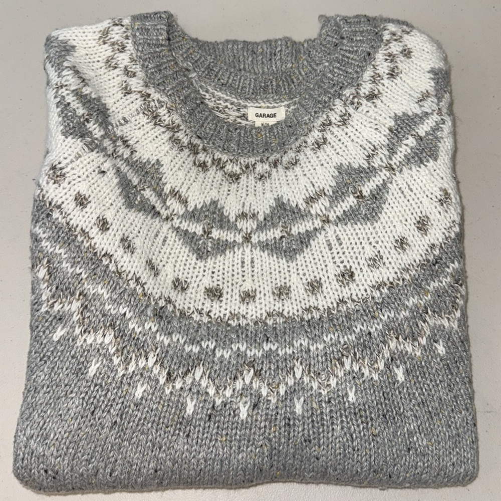 GARAGE Gray Fair Isle Nordic Knit Sweater Soft Cozy Blend M - Picture 4 of 8